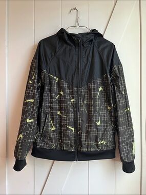 Nike Black Hooded Windbreaker with Neon Yellow Swoosh Print